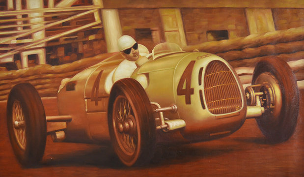Oldtimer Gemälde Autorennen Motorsport Rennszene retro