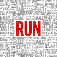 RUN word cloud background, health concept