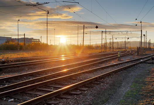 Railway, railroad lines at sunset