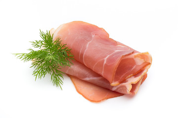 Slices of ham on white background.