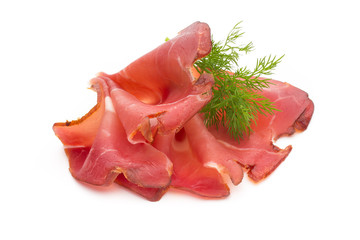 Slices of ham on white background.