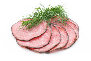 Sausage slices isolated on white background cutout.