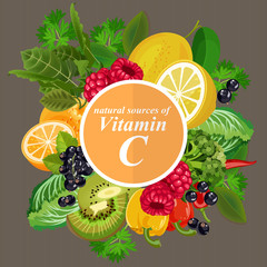 Groups of healthy fruit, vegetables, meat, fish and dairy products containing specific vitamins. Vitamin C.