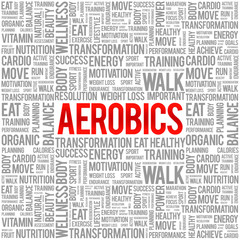 Aerobics word cloud background, health concept