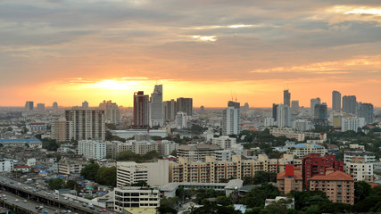 Bangkok skyline with city before sunset