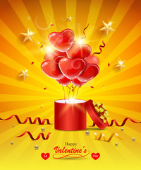Valentine's day greeting card with heart-shaped balloons, gift box and serpentine.