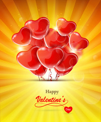 Valentine's day greeting card with red heart-shaped balloons.