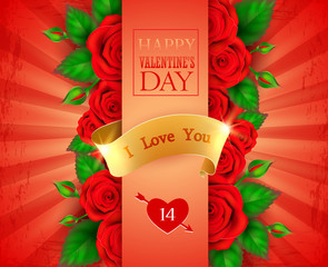 Valentine's day greeting card with and red roses and ribbon.