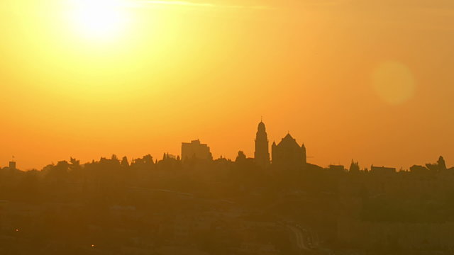 Sunset time-lapse of Jerusalem from the Mount of Olives. Cropped.