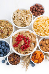 assortment of different breakfast cereal, dried fruit 