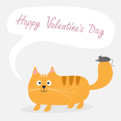 Happy Valentines Day. Love card. Cute cartoon red cat with mouse Talk think bubble Card. Kids background Flat design