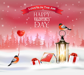 Valentine's day greeting card with lanterns, bullfinch, gift boxes and balloon. Winter landscape.