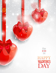 Valentine's day greeting card with red heart-shaped decorative items.