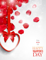 Valentine's day greeting card with red rose petals confetti.