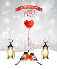 Valentine's day greeting card with lanterns, bullfinch and balloon. Winter landscape.