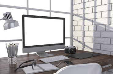 3D illustration PC screen on table in office, Workspace