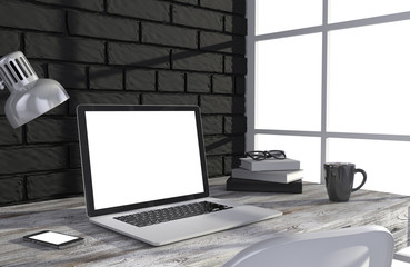 3D illustration laptop and work stuff on table near brick wall, Workspace