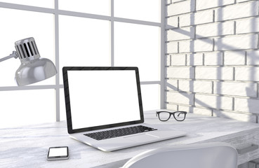 3D illustration laptop and work stuff on table near brick wall, Workspace