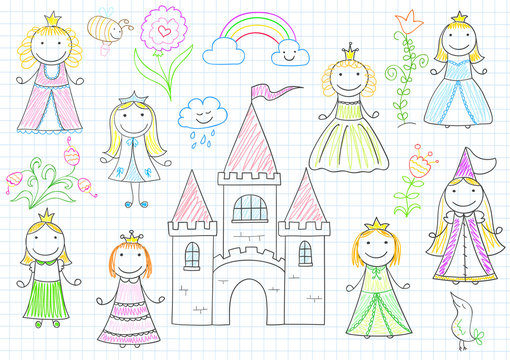 Set of vector sketches with happy little princesses