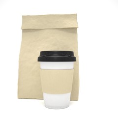 Coffee to go and lunch bag, on white.