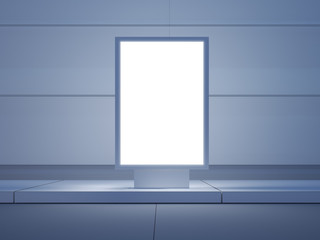 White lightbox on the empty street. Modern buildings in background. Front view. 3d render