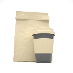 Coffee to go and lunch bag, on white.