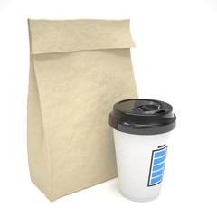 Coffee to go and lunch bag, on white.