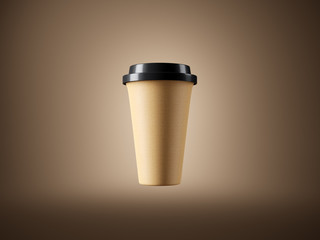 Blank coffee cup on the brown background. Front view. 3d rendering