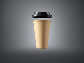 Brown paper cup with plastic top on the gray background. Front view. 3d rendering