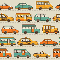 Seamless vector pattern with cars and buses. Can be used for desktop wallpaper or frame for a wall hanging or poster,for pattern fills, surface textures, web page backgrounds, textile and more