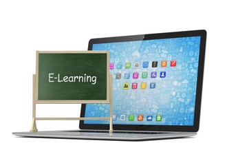  Laptop with chalkboard, e-learning, online education concept