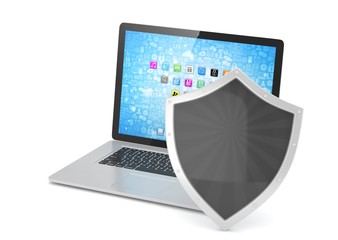 Laptop and shield on white, computer security concept