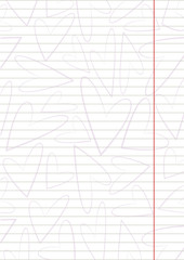 Vector blank for letter or greeting card. Paper of notebook, white form with hearts and lines. A4 format size.