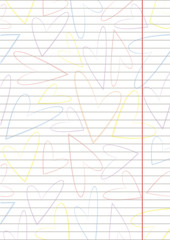 Vector blank for letter or greeting card. Paper of notebook, white form with hearts and lines. A4 format size.
