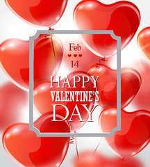 Valentine's day greeting card with red heart-shaped balloons.