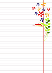 Vector blank for letter or greeting card. Paper of notebook, white form with lines and colorful flowers with leaves. A4 format size.
