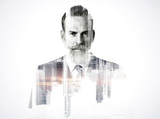 Portrait of bearded businessman. Double exposure city on the background. Black and white