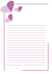 Vector blank for letter or greeting card. White paper form with pink hearts, lines and border. A4 format size.