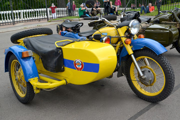 PETERHOF, RUSSIA - JULY 26, 2015: The old Soviet militia motorcy