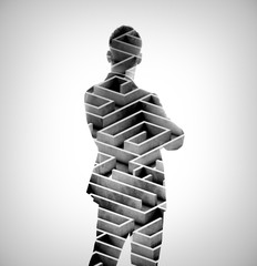 Double exposure of stylish businessman and labyrinth on the background. Isolated