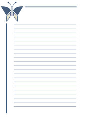 Vector blank for letter or greeting card. Blue simple form with frame, lines and butterfly. A4 format.