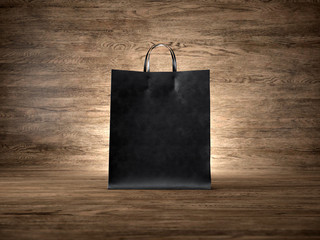 Black craft shopping bag, wood background. Focus on the bag. 3d render