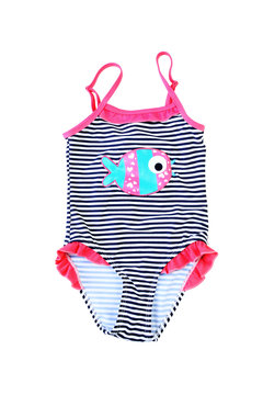 Striped fused kids swimsuit. Isolated on white.