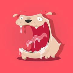 Funny mad slobbery dog with open mouth isolated on pink backgrou