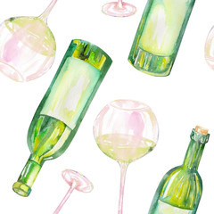A seamless pattern with the hand-drawn glasses of white wine and wine bottles. Painted in a watercolor on a white background.