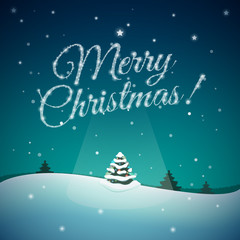 Merry Christmas greeting card with Christmas tree in the night f