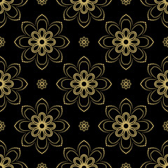 Floral ornament. Seamless abstract black and golden pattern with fine ornament