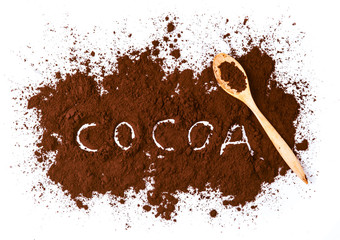 Cocoa written with cocoa powder isolated on white background