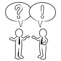 Zwei handgezeichnete Strichmännchen mit Sprechblasen: Frage / Antwort