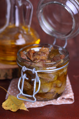 Chicken gizzards confit in olive oil in a glass jar